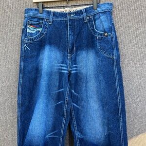 Vintage Gold Label Men’s Blue Washed Baggy Wide Leg Sz 36 Adjustable Short Jeans